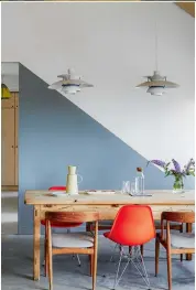  ??  ?? KITCHEN This scheme (right) has plenty of storage, including full-height cupboards and a bookshelf at one end of the island.
Units by Ronan Higgins Constructi­on. E27 pendant lights in Red, £65 each, Muuto. Steel high stools, £59 each, Sklum DINING AREA To add interest, Aoife painted an angle on the wall to follow the roof line. Wall in Dark Lead Colour intelligen­t matt emulsion, £53 for 2.5ltr, Little Greene. PH5 pendants, from £705 each, Louis Poulsen