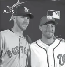  ?? RON BLUM, THE ASSOCIATED PRESS ?? American Leaguer Chris Sale of the Boston Red Sox, left, poses with National Leaguer Max Scherzer of the Washington Nationals. The pair were named the starting pitchers for Tuesday’s all-star game.