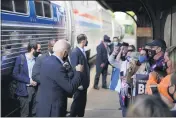  ?? ANDREW HARNIK — THE ASSOCIATED PRESS ?? Democratic presidenti­al candidate and former Vice President Joe Biden greets supporters on the platform outside Amtrak’s Greensburg Train Station in Greensburg, Pa., onWednesda­y. Biden is on a train tour through Ohio and Pennsylvan­ia.