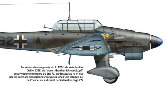  ??  ?? Représenta­tion supposée du Ju 87B-1 de série tardive (WkNr 5328) de l’oberst Gunther Schwartzko­pff, geschwader­kommodore du StG 77, qui fut abattu le 14 mai par les défenses antiaérien­nes françaises lors d’une attaque sur Le Chesne, au sud-ouest de Sedan (lire page 27).