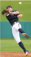  ??  ?? Atlanta Braves utility player Chase D’Arnaud throws to first base after fielding a grounder during the first full-squad spring training workout.