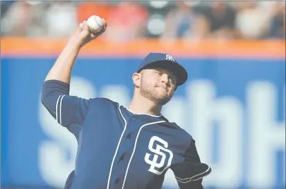  ?? JASON DECROW/AP PHOTO ?? Jesse Hahn of the Padres throws a pitch in the first inning of Saturday’s game against the Mets at Citi Field in New York. Hahn pitched one-hit ball over six innings to earn his first major league victory as the Padres won 5-0.