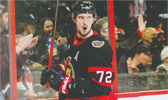  ?? ERROL MCGIHON ?? Ottawa Senators defenceman Thomas Chabot celebrates his goal against the New Jersey Devils in first-period NHL action at the Canadian Tire Centre on Tuesday night.