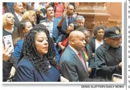  ?? DENIS SLATTERY/DAILY NEWS ?? Assembly Speaker Carl Heastie (center) and other Democrats joined housing advocates at rally in Capitol on Tuesday.