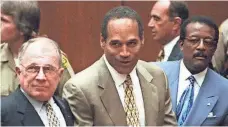  ?? MYUNG CHUN, AFP/GETTY IMAGES ?? “Not guilty”: O.J. Simpson, with his attorneys F. Lee Bailey, left, and Johnnie Cochran, listens to the jury’s verdict Oct. 3, 1995, in Los Angeles County Superior Court.