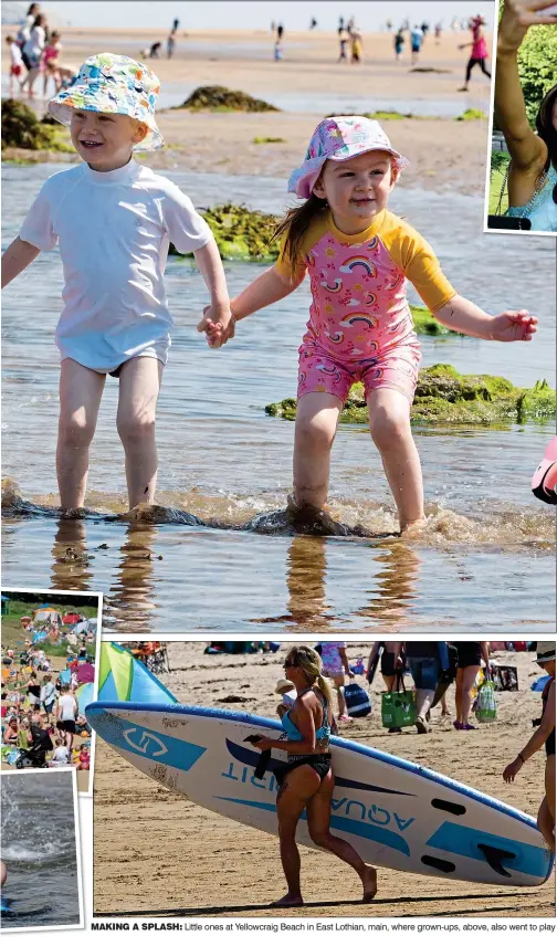  ??  ?? MAKING A SPLASH: Little ones at Yellowcrai­g Beach in East Lothian, main, where grown-ups, above, also went to play