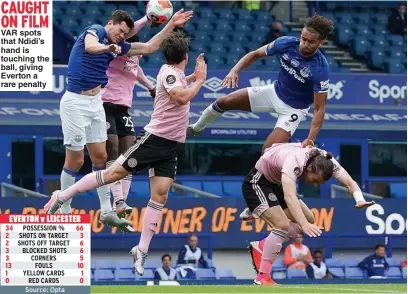  ?? Picture: IAN HODGSON ?? CAUGHT ON FILM VAR spots that Ndidi’s hand is touching the ball, giving Everton a rare penalty