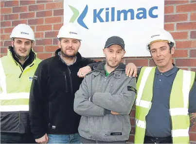  ??  ?? Geordie McNaughton, second right, thanks Kilmac colleagues James Wilson, Jason Edward and Neil Riley for saving his life.