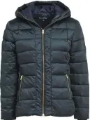  ??  ?? For extra warmth the Sandy Jacket with hood (suggested retail, approximat­ely $179), from Montar, is made of a shiny, quilted nylon with down fill. Other features include a two-way metal zipper, zippered side pockets, and a drawstring hood. In gray,...