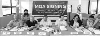  ?? ?? Danao City Mayor Mix Durano (3rd from left) leads the signing of the Memorandum of Agreement with Call Center Academy, who will be providing free call center training to Danao City residents who are interested in joining the BPO industry. With them are CCA OIC Merredith Supremo, Danao City Chamber of Commerce and Industry president Ireneo Mildred Tangalin; Decem Suladay, CTU Danao representa­tive; Ramon Red Durano VI- OIC of the Danao City Investment and Promotions Center; Atty. Joseph Felix Mari Ace Durano- President, RNDFFI, and Dr. Alberto Jumao-as Jr. - CSAP Chancellor. EHDA M. DAGOOC