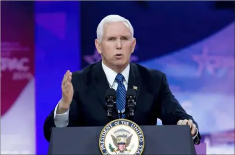  ?? JOSE LUIS MAGANA — THE ASSOCIATED PRESS ?? Vice President Mike Pence speaks at Conservati­ve Political Action Conference, CPAC 2019, in Oxon Hill, Md., Friday.