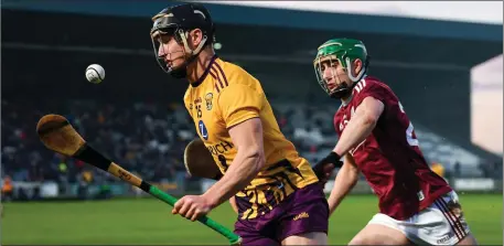  ??  ?? Wexford’s Mikie Dwyer taking on Jack Grealish of Galway when the sides met in the Walsh Cup final in Portlaoise in January.