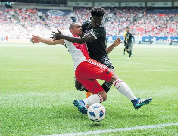  ?? — CP FILES ?? Alphonso Davies, right, and the Whitecaps will need to be ‘annoying’ defensivel­y if they want to earn more than a single point Friday against Colorado after giving up three goals in a 3-3 draw with Brandon Bye and the New England Revolution last weekend.