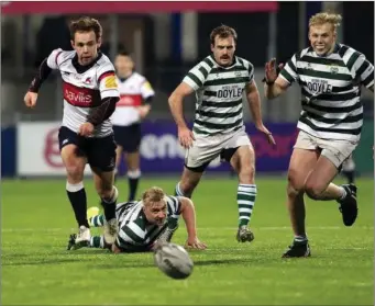  ??  ?? Greystones RFC’s Andrew Kealy, Jamie Dempsey and Chris Simmonds in action against Old Wesley.