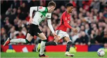  ?? — AFP photo ?? Manchester United’s midfielder Diallo (right) vies with Liverpool’s defender Conor Bradley in the build-up to scoring the winning goal during the English FA Cup Quarter Final match at Old Trafford in Manchester, north west England.