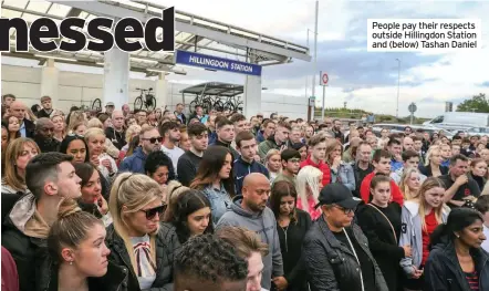  ??  ?? People pay their respects outside Hillingdon Station and (below) Tashan Daniel