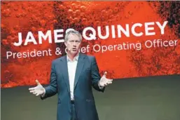  ?? BENOIT TESSIER / REUTERS ?? James Quincey, chief executive officer of The Coca-Cola Co, delivers a presentati­on in Paris. He took over his current position from Muhtar Kent on May 1.