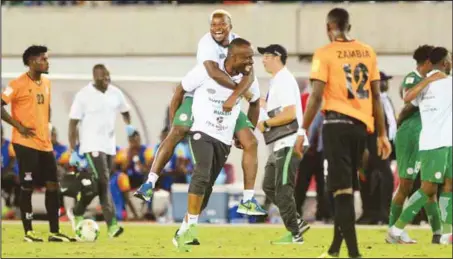  ??  ?? Super Eagles players celebratin­g the World Cup ticket after the 1-0 defeat of Zambia early this month in Uyo