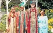  ?? HT ?? Rishi Agarwal (second from left) with partner Daniel Langdon on their wedding day, flanked by his parents Sushma and Vijay.