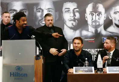  ??  ?? Foul mouthed: Haye (left) spent most of the press conference insulting Bellew and his fans