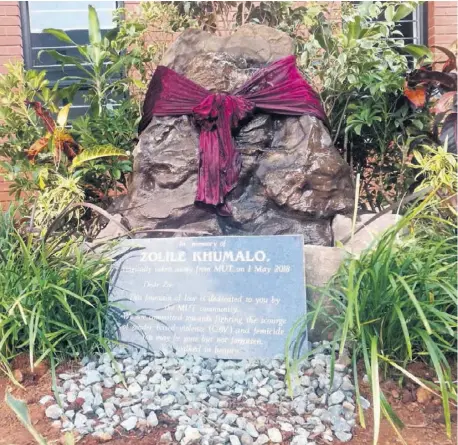  ??  ?? A memorial fountain in honour of Zolile Khumalo at the newly built on-campus student residence