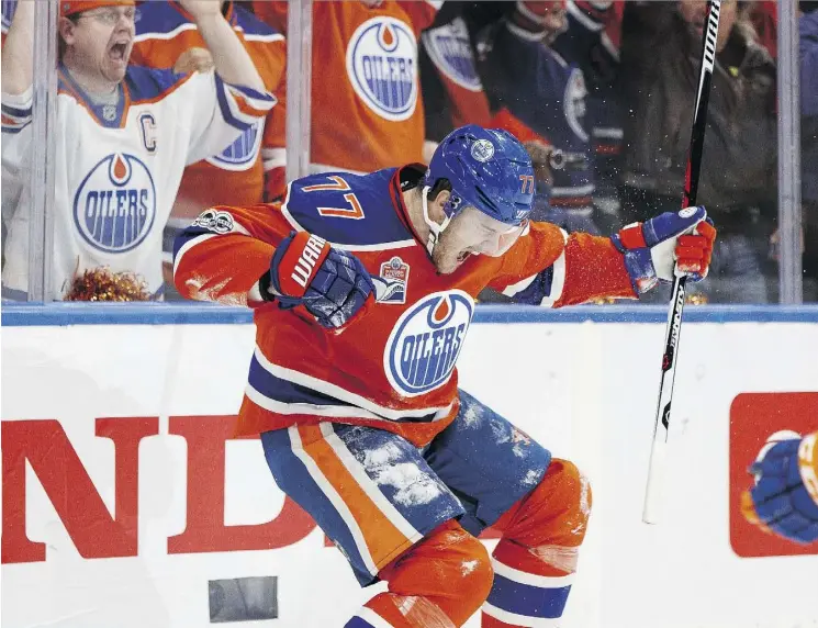  ?? IAN KUCERAK ?? The Oilers’ Oscar Klefbom celebrates the team’s first goal Wednesday against the San Jose Sharks during Game 1 of the Stanley Cup playoffs at Rogers Place. Edmonton fell 3-2 in overtime