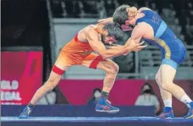  ?? PTI ?? India's Ravi Dahiya in action against Zavur Uguev of Russia in men’s 57kg final final on Thursday.