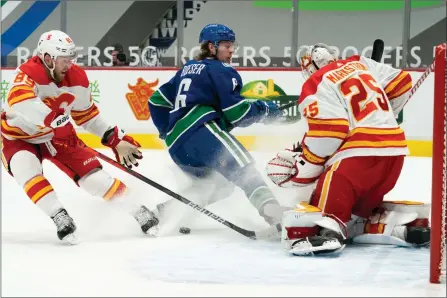  ?? The Canadian Press ?? Calgary Flames defenceman Nikita Nesterov watches as Vancouver Canucks right-wing Brock Boeser shoots on goaltender Jacob Markstrom in Vancouver, Thursday. Calgary won 3-1 on Thursday; they are to play again tonight.