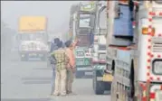  ?? HT ?? Around 16,000 trucks have queued up outside Delhi leading to traffic jams outside NCR towns