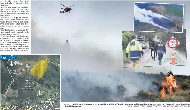  ?? PHOTOS: GERARD O’BRIEN, GREGOR RICHARDSON, FIRE AND EMERGENCY NEW ZEALAND ?? Action . . . A helicopter drops water on to the Flagstaff fire in Dunedin yesterday as Melissa Randwick evacuates her 15yearold mare Jenny from a Rudd Rd property.