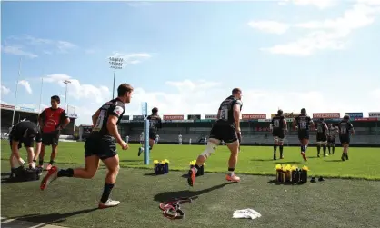  ??  ?? Exeter players run out for an inter-squad friendly on Friday, and there will still be no supporters in stadiums when the Premiershi­p returns this weekend. Photograph: David Rogers/Getty Images