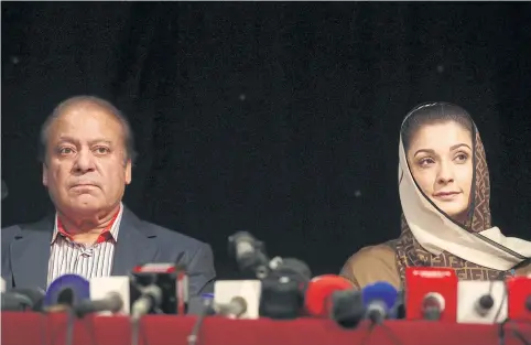  ?? REUTERS ?? Ousted prime minister of Pakistan, Nawaz Sharif, appears with his daughter Maryam, at a news conference at a hotel in London before their flight.