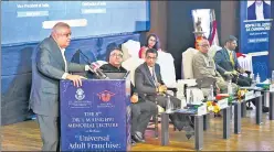  ?? VIPIN KUMAR/HT ?? Vice President Jagdeep Dhankhar speaks at the 8th Dr LM Singhvi Memorial Lecture in New Delhi on Friday. Chief Justice of India Dhananjaya Y Chandrachu­d and Rajya Sabha MP Abhishek Singhvi are also on the stage.