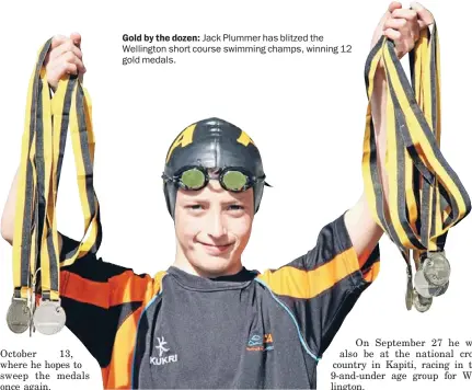  ??  ?? Gold by the dozen: Jack Plummer has blitzed the Wellington short course swimming champs, winning 12 gold medals.