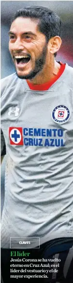  ??  ?? CLAVES El líder Jesús Corona se ha vuelto eterno en Cruz Azul; es el líder del vestuario y el de mayor experienci­a.