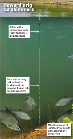  ??  ?? A float with a carbon stem and a rugby ball body is ideal for silvers Start with a strung bulk and switch to a bulk and two droppers if small fish become a problem Alter the amount of loosefeed you include in the groundbait if bites dry up