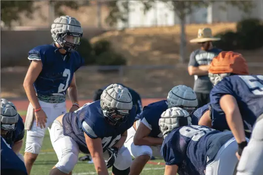  ?? Eddy Martinez/ The Signal (See additional photos on signalscv.com) ?? Cole Gallagher awaits a snap during practice against Saugus’ defense on Wednesday afternoon at Saugus High School’s summer football camp at Saugus.