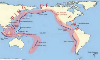  ?? 照片：維基共享資源 ?? 環太平洋地震帶，藍線標記處為海溝。