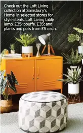  ??  ?? Check out the Loft Living collection at Sainsbury’s Home, in selected stores for style steals: Loft Living table lamp, £35; pouffe, £35; and plants and pots from £5 each.