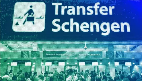  ?? ?? Passengers arriving at the Henri Coanda Internatio­nal Airport pass under a Schengen Informatio­n sign, in Otopeni, near Bucharest, March 2024