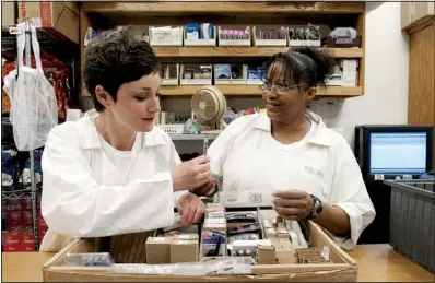  ?? Arkansas Democrat-gazette/karen E. SEGRAVE ?? Rachel Westand commissary clerk Jacqueline Velcoff take stock of the cosmetics inside the Hawkins Unit in Wrightsvil­le.