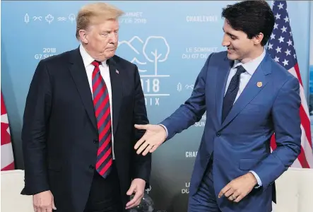  ?? JUSTIN TANG/THE CANADIAN PRESS ?? Prime Minister Justin Trudeau meets U.S. President Donald Trump at the G7 summit in La Malbaie, Que., on June 8. The unprofessi­onal blurts coming out of Ottawa that U.S. steel tariffs for “security reasons” are “insulting” is unproducti­ve, argues Diane...