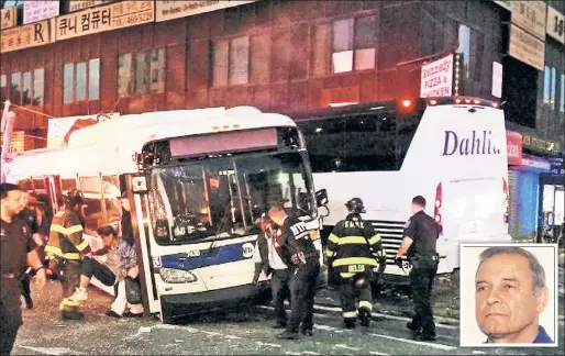  ??  ?? HELLISH SCENE: First responders help people off a Q20 bus Monday after it was struck by a Dahlia charter bus in a horrifying collision that was captured on surveillan­ce video (top). Pedestrian Henry Wdowiak (inset) was among three killed, including an...