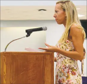  ?? Sophie Vaughan / Hearst Connecticu­t Media ?? Westport resident Jackie McCaffery speaks at the Aug. 27 Board of Education meeting.