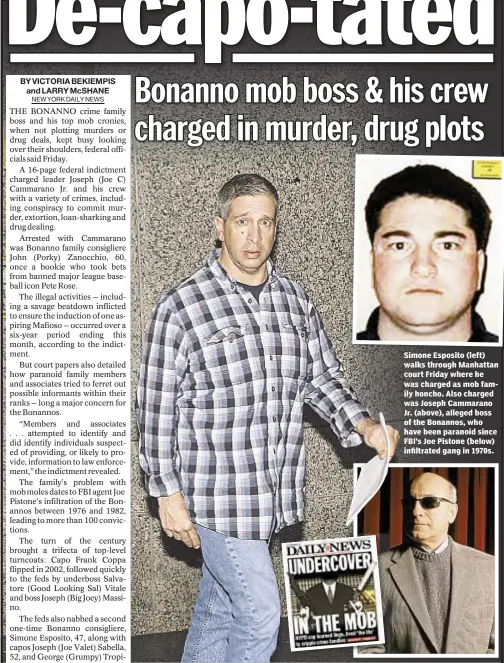  ??  ?? Simone Esposito (left) walks through Manhattan court Friday where he was charged as mob family honcho. Also charged was Joseph Cammarano Jr. (above), alleged boss of the Bonannos, who have been paranoid since FBI’s Joe Pistone (below) infiltrate­d gang in 1970s.
