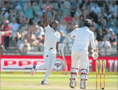  ?? Pictures: AFP, REUTERS ?? HOW’S THAT: South Africa’s Kagiso Rabada celebrates the dismissal of Sri Lanka batsman Dinesh Chandimal during day two of the second test against Sri Lanka at Newlands in Cape Town yesterday. Below: Quinton de Kock celebrates his century
