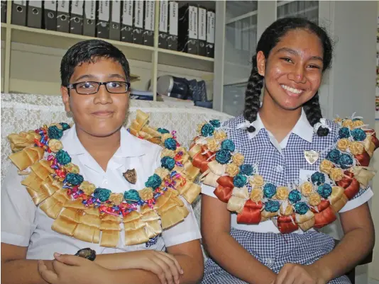  ?? Photo: Simione Haravanua ?? Deenbandhu Primary School head boy Ravinesh Jeet with head girl Almas Biribo after the prefects’ induction on February 7, 2019.