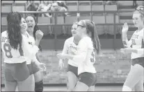  ?? Courtesy Photo/Coahoma ISD ?? The Bulldogett­es celebrate after scoring, during the match against Compass Academy. Special to the Herald