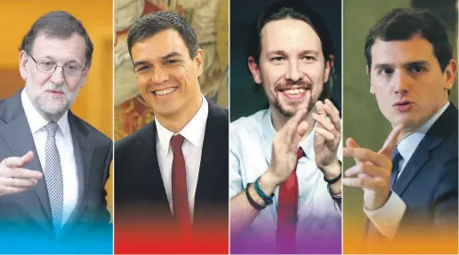  ?? Fotos: CSN-Archiv ?? Mariano Rajoy (PP), Pedro Sánchez (PSOE), Pablo Iglesias (Podemos) und Albert Rivera (Ciudadanos) buhlen erneut um die Gunst der Wähler. Eine Regierungs­bildung dürfte allerdings schwierig werden.