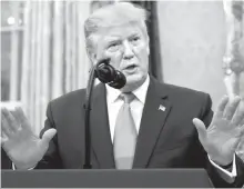  ?? AP-Yonhap ?? President Donald Trump speaks during a ceremony to present the Presidenti­al Medal of Freedom to former Attorney General Edwin Meese, in the White House in Washington, Tuesday.